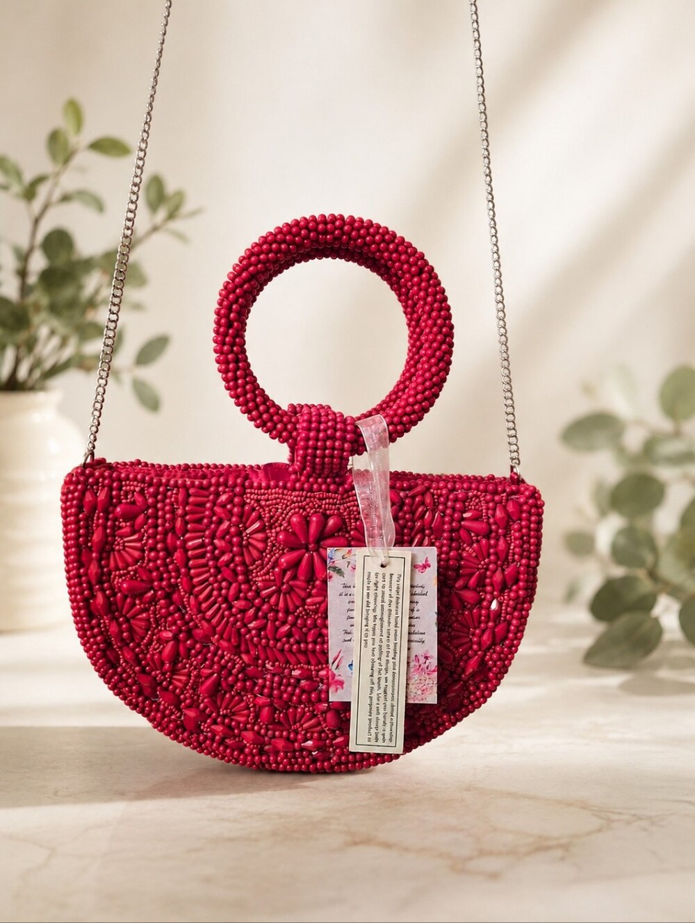 Red Beaded Floral Half Moon Handbag Handcrafted in India NWT